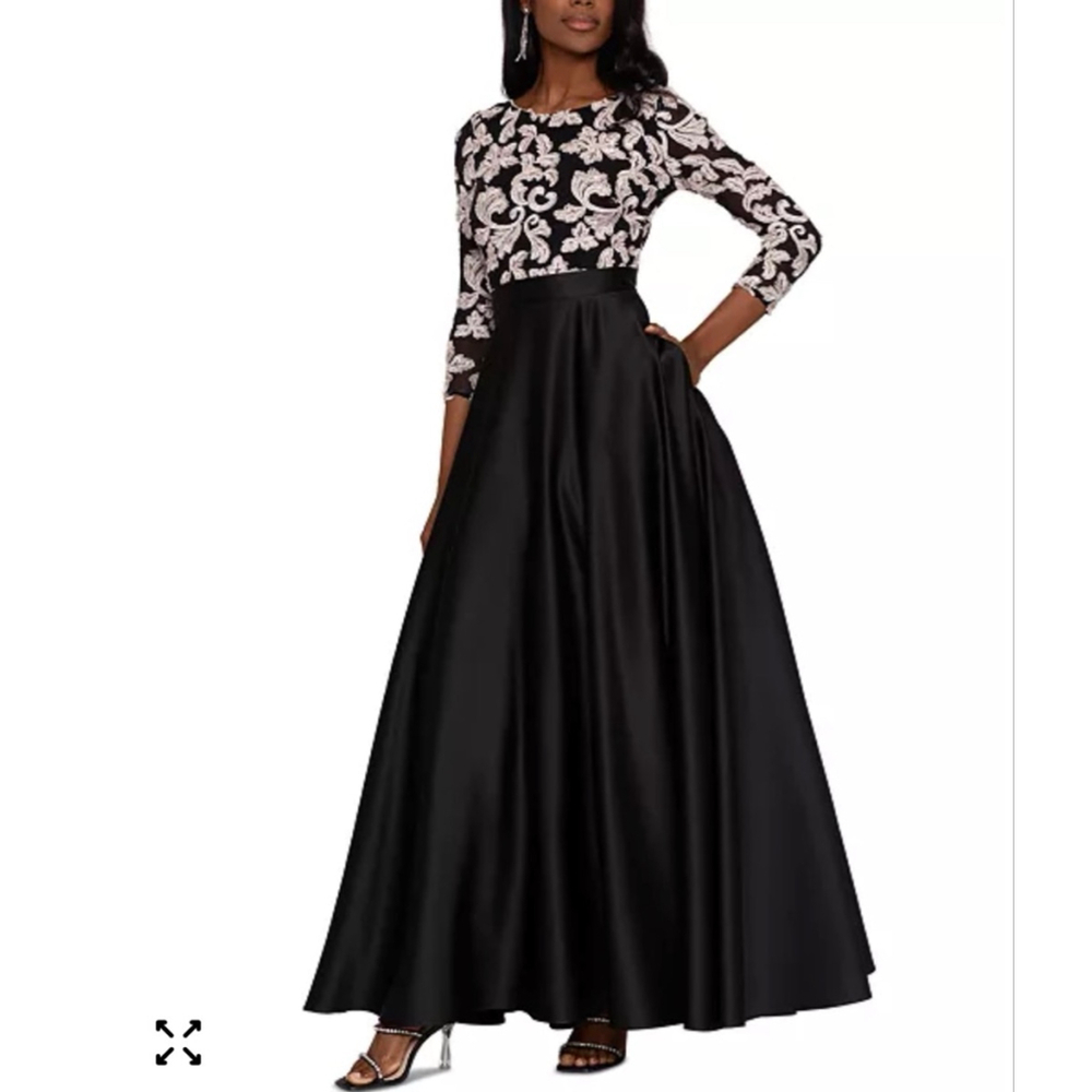 NWT Betsy & Adam Embroidered-Top 3/4-Sleeve Ball Gown SZ 6